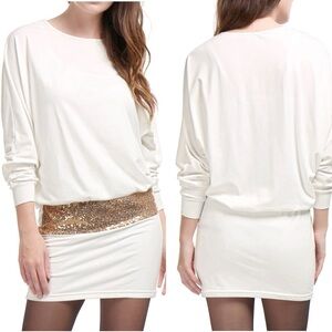 Allegra K Y2K Batwing Sleeves Rose Gold Sequins Accent Blouson Mini Dress